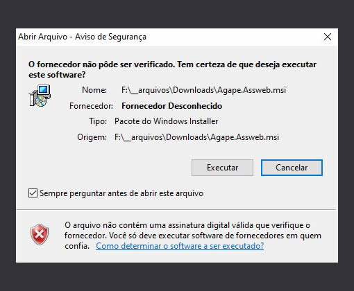 Manul de intalação do Ágape Assinador Web - Tela de aviso de segurança