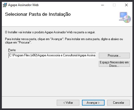 Manul de intalação do Ágape Assinador Web - Tela local de instalação